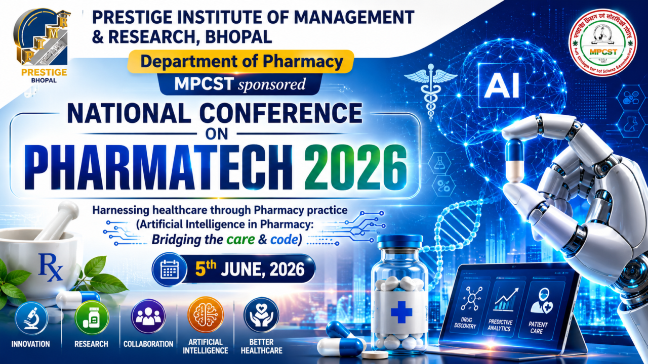 16:9 conference thumbnail featuring PHARMATECH 2026, artificial intelligence in pharmacy, robotic hand holding a capsule, digital brain network, pharmacy symbols, medical technology, research innovation, and healthcare transformation visuals organized by the Department of Pharmacy, PIMR Bhopal.