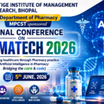 16:9 conference thumbnail featuring PHARMATECH 2026, artificial intelligence in pharmacy, robotic hand holding a capsule, digital brain network, pharmacy symbols, medical technology, research innovation, and healthcare transformation visuals organized by the Department of Pharmacy, PIMR Bhopal.