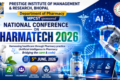16:9 conference thumbnail featuring PHARMATECH 2026, artificial intelligence in pharmacy, robotic hand holding a capsule, digital brain network, pharmacy symbols, medical technology, research innovation, and healthcare transformation visuals organized by the Department of Pharmacy, PIMR Bhopal.