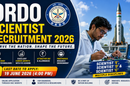 DRDO Scientist Recruitment 2026 promotional banner featuring a defense scientist working in a research laboratory, a missile launch vehicle, DRDO logo, and recruitment details highlighting Scientist C, D, and E vacancies with the application deadline of 19 June 2026.
