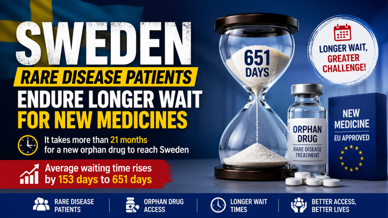News-style thumbnail showing Sweden's flag, an hourglass labeled "651 Days," orphan drug medicine vial, and headline highlighting long delays faced by rare disease patients in accessing newly approved medicines in Sweden.