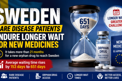 News-style thumbnail showing Sweden's flag, an hourglass labeled "651 Days," orphan drug medicine vial, and headline highlighting long delays faced by rare disease patients in accessing newly approved medicines in Sweden.