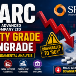 Eye-catching financial news thumbnail featuring SPARC (Sun Pharma Advanced Research Company), a large downward red arrow, downgrade warning sign, stock market charts, pharmaceutical research visuals, and text highlighting the company's quality grade downgrade and fundamental analysis.