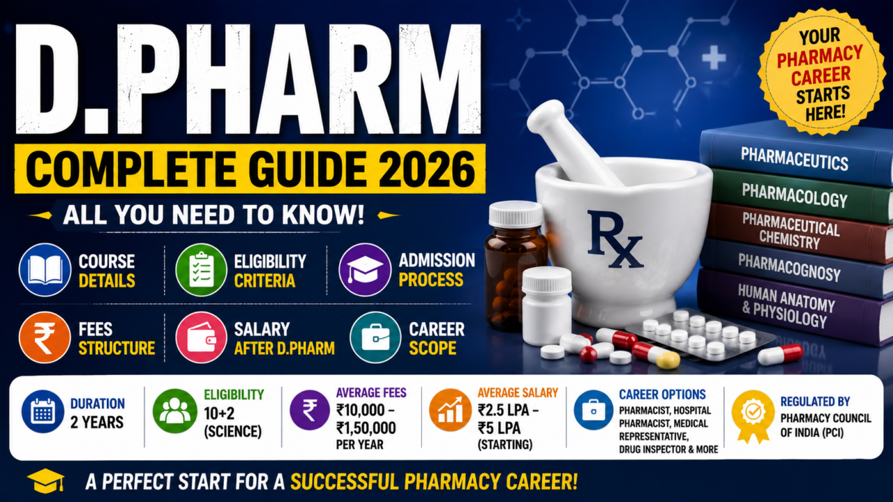 Professional D.Pharm course infographic thumbnail featuring pharmacy books, medicine bottles, mortar and pestle, capsules, and educational icons highlighting course details, eligibility, fees, salary, admission process, and career opportunities in pharmacy.
