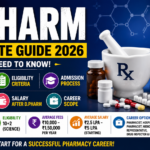 Professional D.Pharm course infographic thumbnail featuring pharmacy books, medicine bottles, mortar and pestle, capsules, and educational icons highlighting course details, eligibility, fees, salary, admission process, and career opportunities in pharmacy.