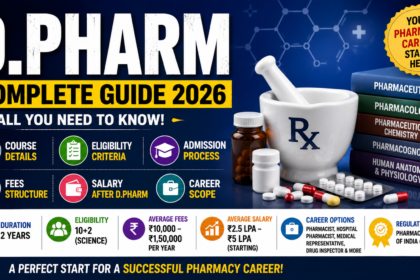 Professional D.Pharm course infographic thumbnail featuring pharmacy books, medicine bottles, mortar and pestle, capsules, and educational icons highlighting course details, eligibility, fees, salary, admission process, and career opportunities in pharmacy.