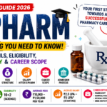Colorful D.Pharm educational infographic thumbnail with a white background featuring pharmacy laboratory equipment, medicine capsules, mortar and pestle, pharmacy icons, and key information about eligibility, fees, salary, admission process, and career opportunities.