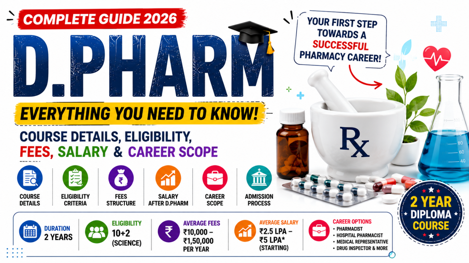 Colorful D.Pharm educational infographic thumbnail with a white background featuring pharmacy laboratory equipment, medicine capsules, mortar and pestle, pharmacy icons, and key information about eligibility, fees, salary, admission process, and career opportunities.