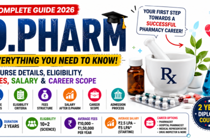 Colorful D.Pharm educational infographic thumbnail with a white background featuring pharmacy laboratory equipment, medicine capsules, mortar and pestle, pharmacy icons, and key information about eligibility, fees, salary, admission process, and career opportunities.
