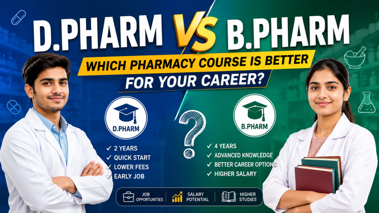 Comparison thumbnail for D.Pharm vs B.Pharm pharmacy courses featuring two pharmacy students in white lab coats, a bold "VS" design, and key benefits such as course duration, career opportunities, salary potential, and higher education options.