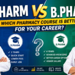 Comparison thumbnail for D.Pharm vs B.Pharm pharmacy courses featuring two pharmacy students in white lab coats, a bold "VS" design, and key benefits such as course duration, career opportunities, salary potential, and higher education options.