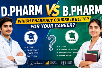 Comparison thumbnail for D.Pharm vs B.Pharm pharmacy courses featuring two pharmacy students in white lab coats, a bold "VS" design, and key benefits such as course duration, career opportunities, salary potential, and higher education options.