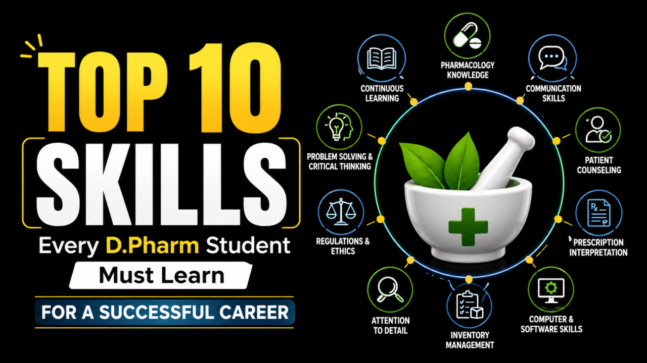 Black background thumbnail featuring "Top 10 Skills Every D.Pharm Student Must Learn" with pharmacy mortar and pestle icon surrounded by skill-related symbols including communication, pharmacology, patient counseling, and inventory management.