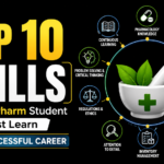 Black background thumbnail featuring "Top 10 Skills Every D.Pharm Student Must Learn" with pharmacy mortar and pestle icon surrounded by skill-related symbols including communication, pharmacology, patient counseling, and inventory management.