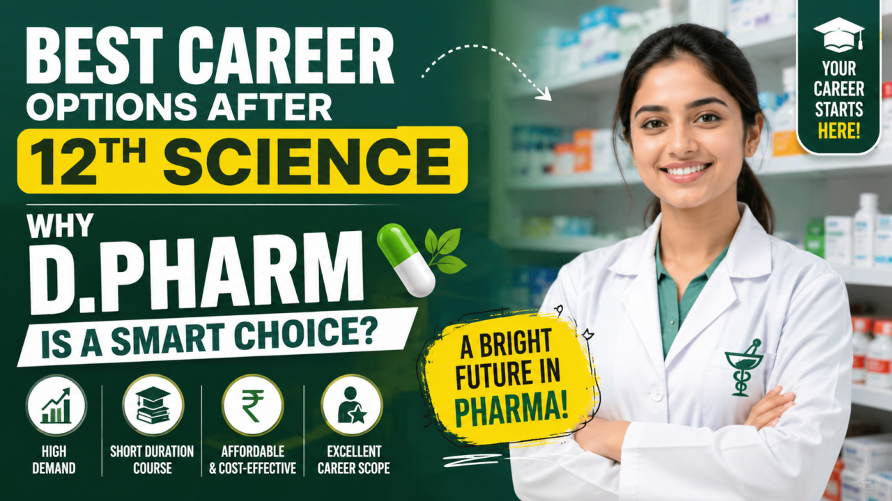 A pharmacy student in a white lab coat standing in a medical store with text highlighting the best career options after 12th science and explaining why D.Pharm is a smart career choice.