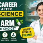 A pharmacy student in a white lab coat standing in a medical store with text highlighting the best career options after 12th science and explaining why D.Pharm is a smart career choice.