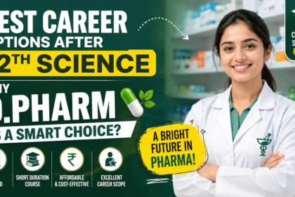 A pharmacy student in a white lab coat standing in a medical store with text highlighting the best career options after 12th science and explaining why D.Pharm is a smart career choice.