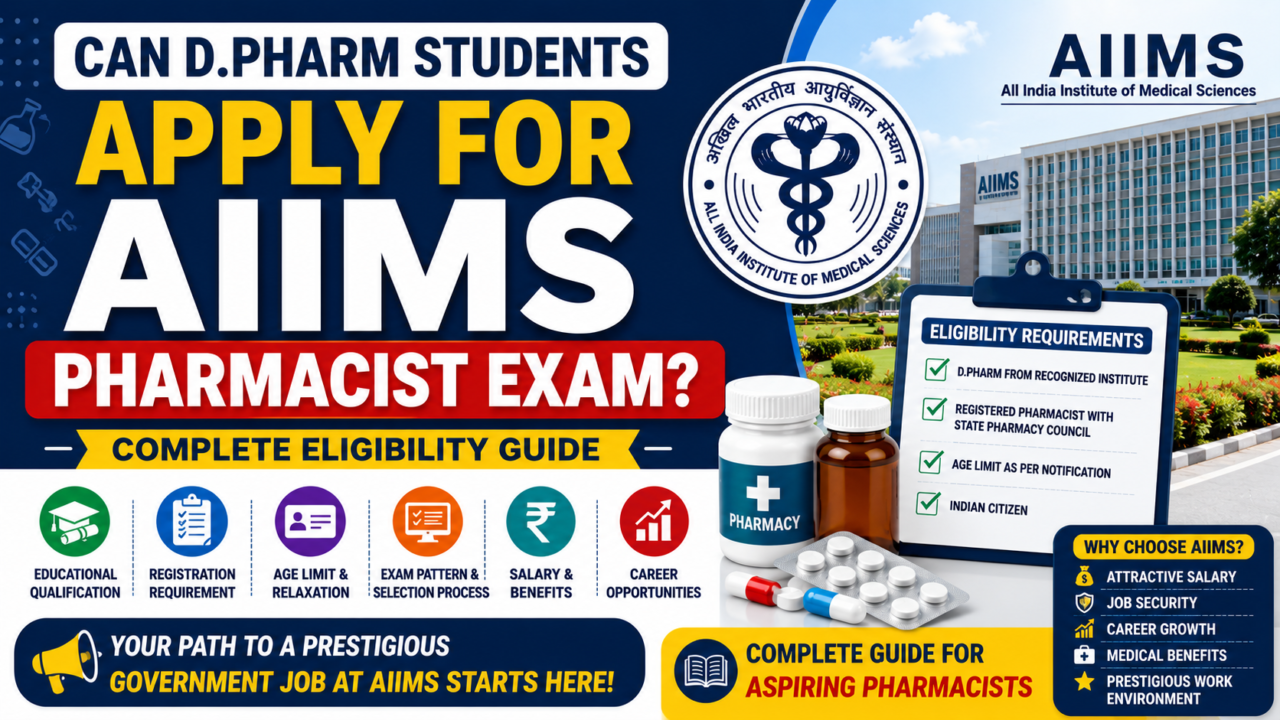 Can D.Pharm students apply for AIIMS Pharmacist Exam infographic featuring AIIMS building, eligibility checklist, pharmacist registration requirements, medicine bottles, and career opportunities.