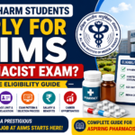 Can D.Pharm students apply for AIIMS Pharmacist Exam infographic featuring AIIMS building, eligibility checklist, pharmacist registration requirements, medicine bottles, and career opportunities.