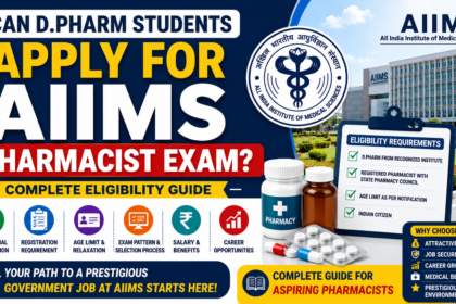 Can D.Pharm students apply for AIIMS Pharmacist Exam infographic featuring AIIMS building, eligibility checklist, pharmacist registration requirements, medicine bottles, and career opportunities.