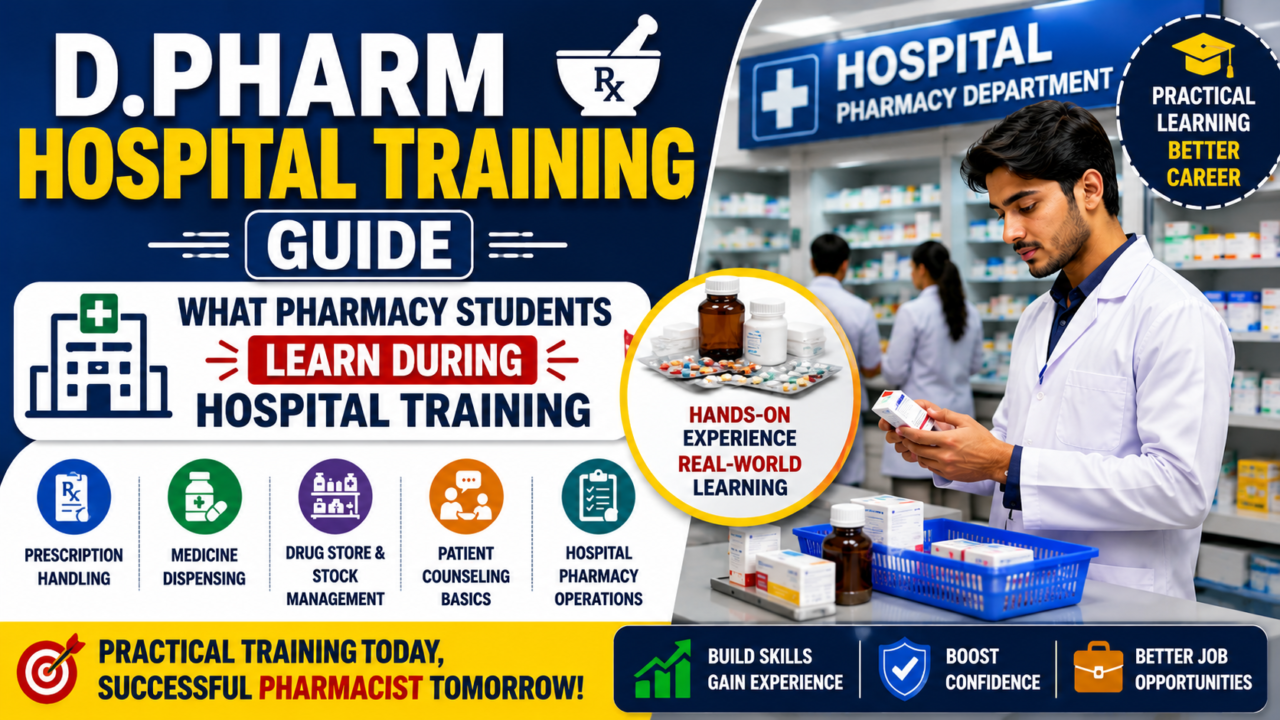 D.Pharm hospital training guide thumbnail showing pharmacy trainee in a hospital pharmacy, medicine dispensing activities, prescription handling, and practical learning experience for pharmacy students.