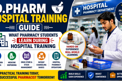 D.Pharm hospital training guide thumbnail showing pharmacy trainee in a hospital pharmacy, medicine dispensing activities, prescription handling, and practical learning experience for pharmacy students.