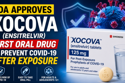 FDA approval announcement for Xocova (ensitrelvir), the first oral antiviral drug approved to help prevent COVID-19 after exposure, featuring the medication package, pill, protective shield icon, and coronavirus illustration.