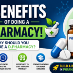 Attractive D.Pharmacy thumbnail featuring pharmacy icons, medicine bottle, capsules, and text highlighting four key benefits of pursuing a Diploma in Pharmacy for a successful healthcare career.