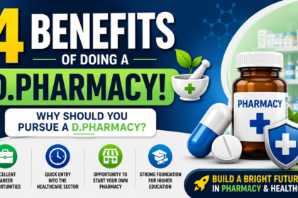 Attractive D.Pharmacy thumbnail featuring pharmacy icons, medicine bottle, capsules, and text highlighting four key benefits of pursuing a Diploma in Pharmacy for a successful healthcare career.