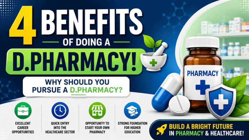 Attractive D.Pharmacy thumbnail featuring pharmacy icons, medicine bottle, capsules, and text highlighting four key benefits of pursuing a Diploma in Pharmacy for a successful healthcare career.