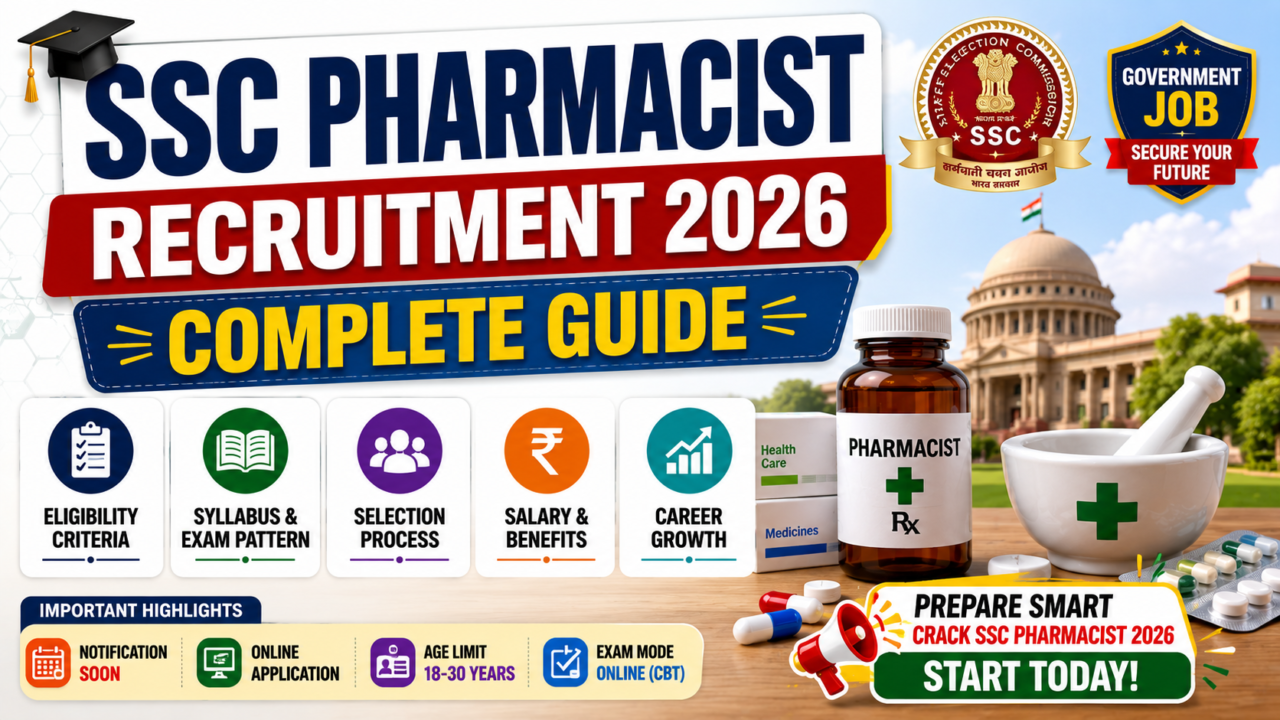 SSC Pharmacist Recruitment 2026 Complete Guide thumbnail featuring pharmacy-related visuals, medicine bottle, medical equipment, government job theme, and key topics including eligibility criteria, syllabus, exam pattern, selection process, salary, and career growth in a professional 16:9 layout.