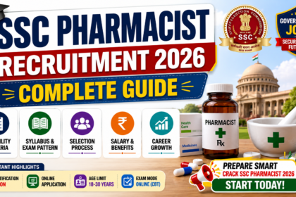 SSC Pharmacist Recruitment 2026 Complete Guide thumbnail featuring pharmacy-related visuals, medicine bottle, medical equipment, government job theme, and key topics including eligibility criteria, syllabus, exam pattern, selection process, salary, and career growth in a professional 16:9 layout.