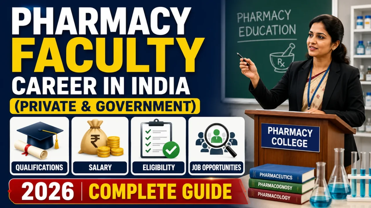 Pharmacy faculty career thumbnail showing a pharmacy teacher in a classroom with the title “Pharmacy Faculty Career in India (Private & Government)” and highlighting Qualifications, Salary, Eligibility, and Job Opportunities for 2026.