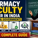Pharmacy faculty career thumbnail showing a pharmacy teacher in a classroom with the title “Pharmacy Faculty Career in India (Private & Government)” and highlighting Qualifications, Salary, Eligibility, and Job Opportunities for 2026.