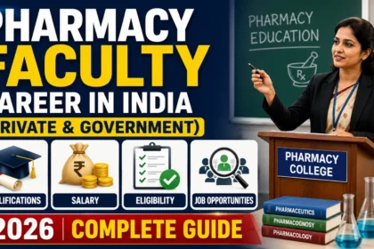 Pharmacy faculty career thumbnail showing a pharmacy teacher in a classroom with the title “Pharmacy Faculty Career in India (Private & Government)” and highlighting Qualifications, Salary, Eligibility, and Job Opportunities for 2026.