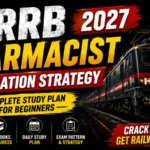 16:9 RRB Pharmacist 2027 thumbnail with black background, powerful Indian railway train, bold yellow and white text, and preparation strategy design for railway pharmacist exam.