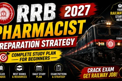 16:9 RRB Pharmacist 2027 thumbnail with black background, powerful Indian railway train, bold yellow and white text, and preparation strategy design for railway pharmacist exam.