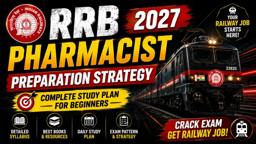 16:9 RRB Pharmacist 2027 thumbnail with black background, powerful Indian railway train, bold yellow and white text, and preparation strategy design for railway pharmacist exam.