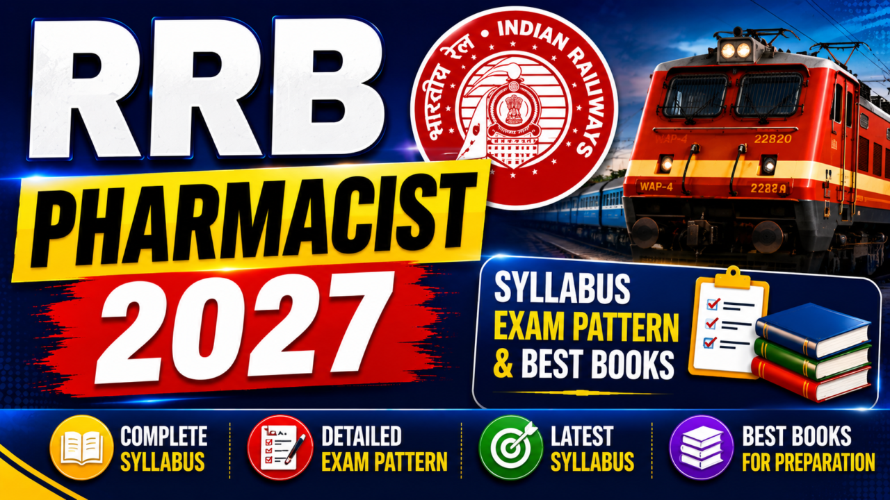 RRB Pharmacist 2027 thumbnail featuring Indian Railways logo, train image, syllabus, exam pattern, and best books section in a bold colorful design.