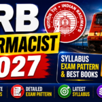 RRB Pharmacist 2027 thumbnail featuring Indian Railways logo, train image, syllabus, exam pattern, and best books section in a bold colorful design.