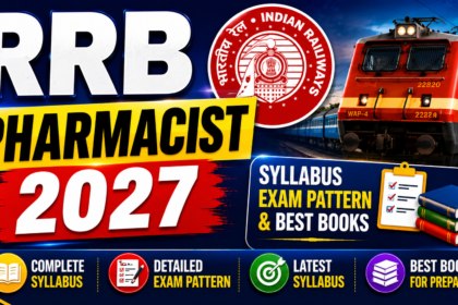 RRB Pharmacist 2027 thumbnail featuring Indian Railways logo, train image, syllabus, exam pattern, and best books section in a bold colorful design.