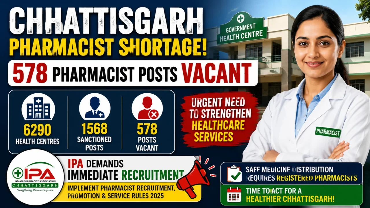 Blog thumbnail highlighting the pharmacist shortage in Chhattisgarh, showing 578 vacant pharmacist posts, 6,290 government health centres, the Indian Pharmacist Association (IPA) logo, a pharmacist, and a government hospital background with a call for immediate recruitment.