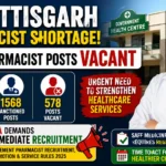 Blog thumbnail highlighting the pharmacist shortage in Chhattisgarh, showing 578 vacant pharmacist posts, 6,290 government health centres, the Indian Pharmacist Association (IPA) logo, a pharmacist, and a government hospital background with a call for immediate recruitment.