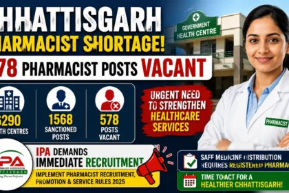 Blog thumbnail highlighting the pharmacist shortage in Chhattisgarh, showing 578 vacant pharmacist posts, 6,290 government health centres, the Indian Pharmacist Association (IPA) logo, a pharmacist, and a government hospital background with a call for immediate recruitment.