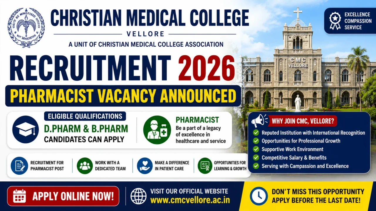 Recruitment thumbnail announcing Christian Medical College (CMC) Recruitment 2026 for Pharmacist vacancies, highlighting eligibility for D.Pharm and B.Pharm candidates, online application details, and career opportunities in healthcare services.