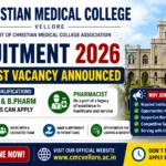 Recruitment thumbnail announcing Christian Medical College (CMC) Recruitment 2026 for Pharmacist vacancies, highlighting eligibility for D.Pharm and B.Pharm candidates, online application details, and career opportunities in healthcare services.