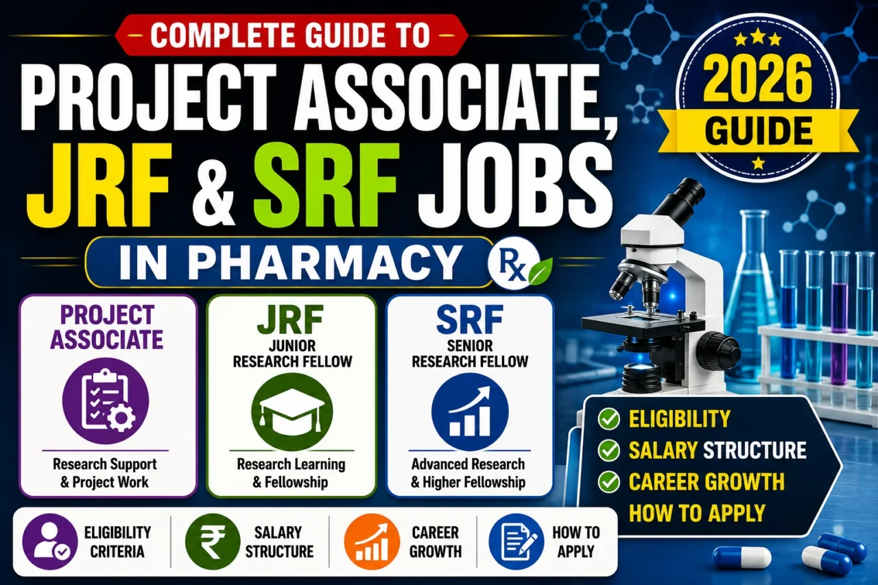 YouTube thumbnail highlighting Project Associate, JRF, and SRF jobs in Pharmacy with laboratory equipment, research-themed graphics, and bold text emphasizing eligibility, salary, career growth, and application process for 2026.