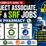 YouTube thumbnail highlighting Project Associate, JRF, and SRF jobs in Pharmacy with laboratory equipment, research-themed graphics, and bold text emphasizing eligibility, salary, career growth, and application process for 2026.