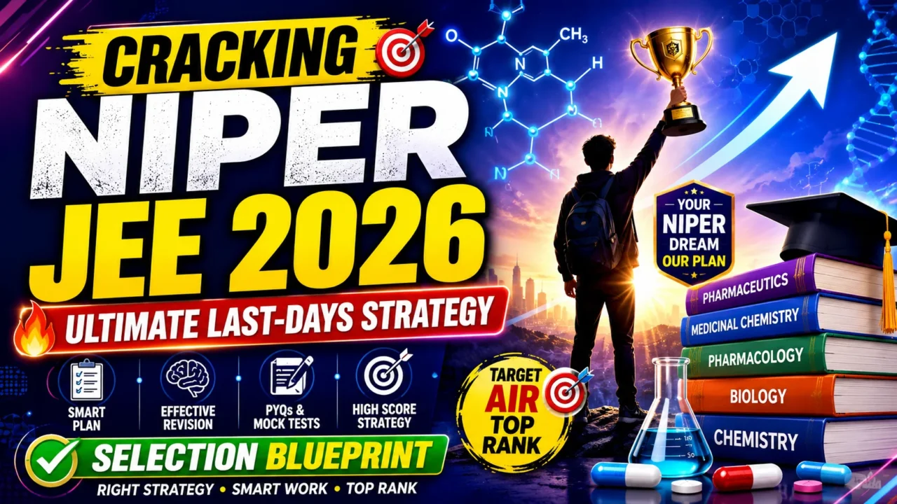 A colorful NIPER JEE 2026 preparation thumbnail featuring a student holding a trophy, pharmaceutical books, chemistry structures, laboratory equipment, capsules, a graduation cap, and an upward growth arrow symbolizing success, rank improvement, and exam selection strategy.