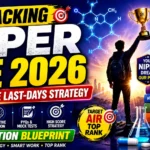 A colorful NIPER JEE 2026 preparation thumbnail featuring a student holding a trophy, pharmaceutical books, chemistry structures, laboratory equipment, capsules, a graduation cap, and an upward growth arrow symbolizing success, rank improvement, and exam selection strategy.